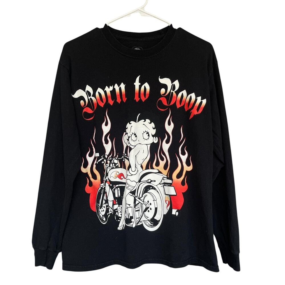 Betty Boop Shirt Mens Medium Black Long Sleeve‎ Born to Boop Flames Motorcycle